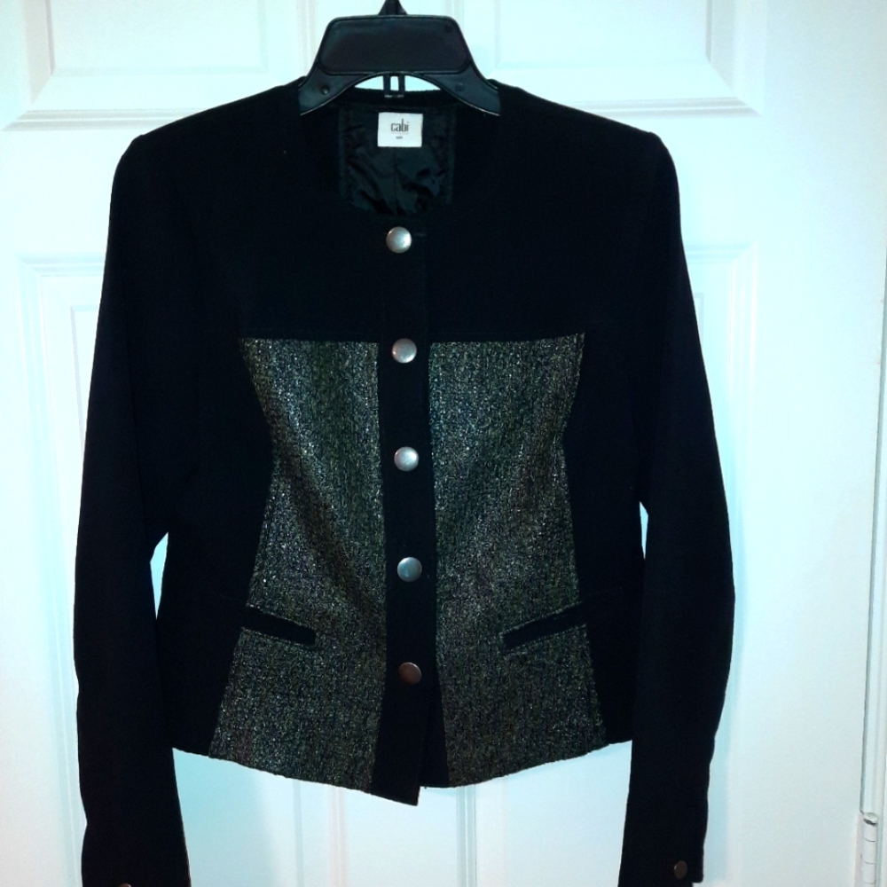 CABI Black Green Metallic Tweed Textured Panel Media Jacket Style 3036 Sz Small